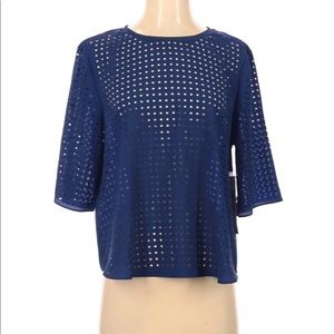New DKNYC donna karen NY Prussian perforated Blue Blouse shirt top size Small